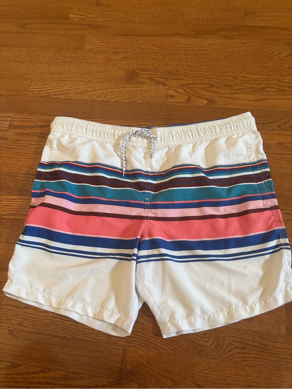 Aeropostale White Swim Trunks with Blue, Pink and Teal Stripes